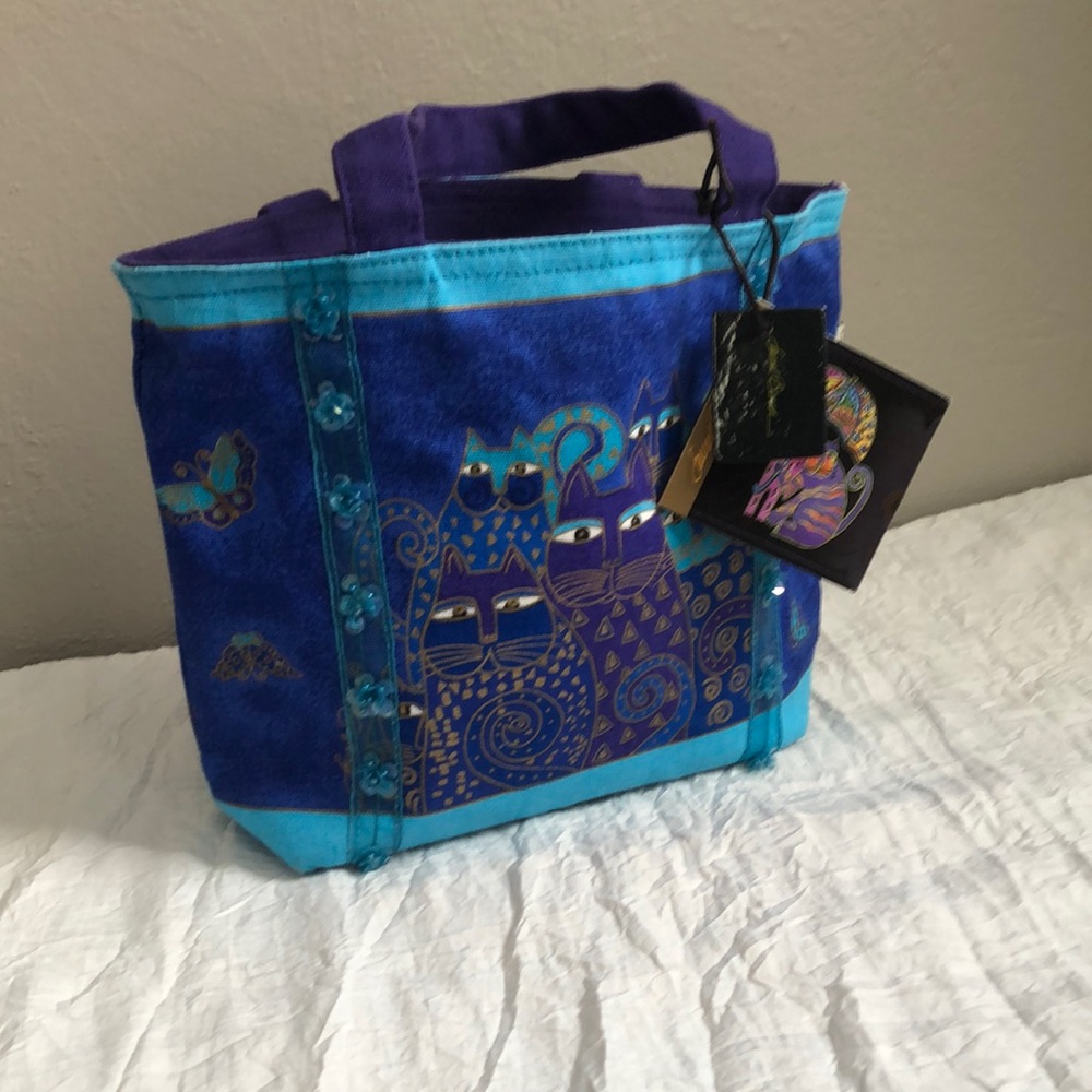 Laurel Burch Purple and Blue Cat Design Tote Bag